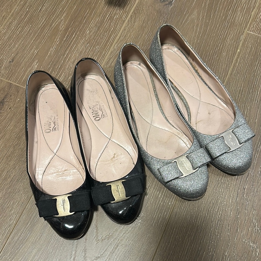 Salvatore Ferragamo Black and Silver Flats both for $99